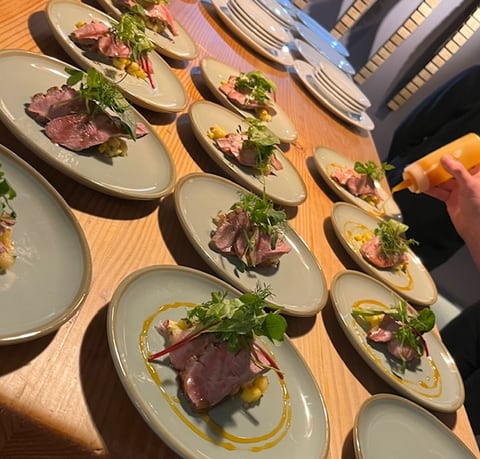 Plated beef canapes prepared for a passed wedding reception